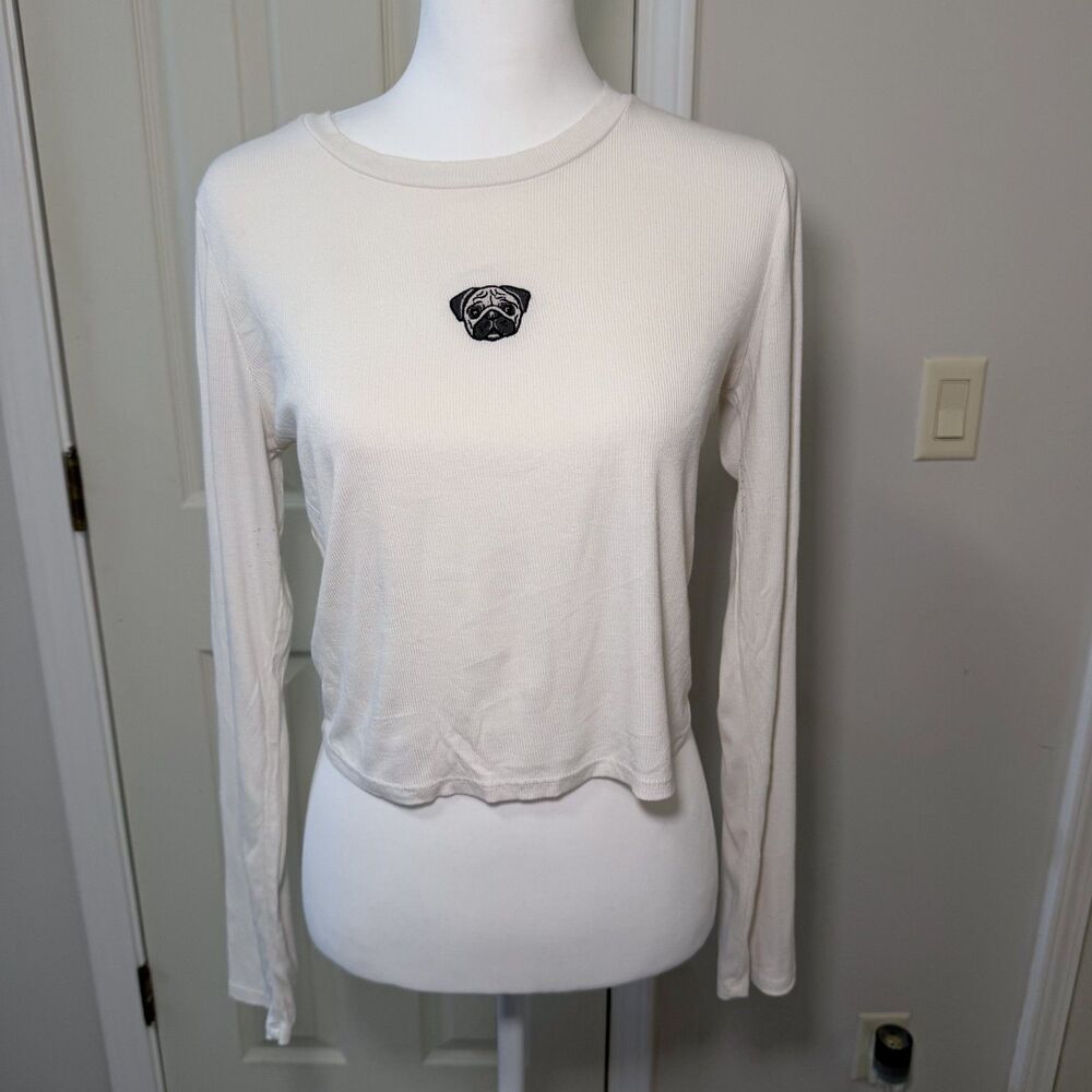 Wild Fable Large Cream Ribbed Long Sleeve Crop Top Pug Dog Graphic Baby Tee L